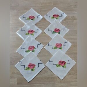 Lot 8 VTG Hand Cross Stitch Embroidered Linen Napkins Pink Rose Cottagecore